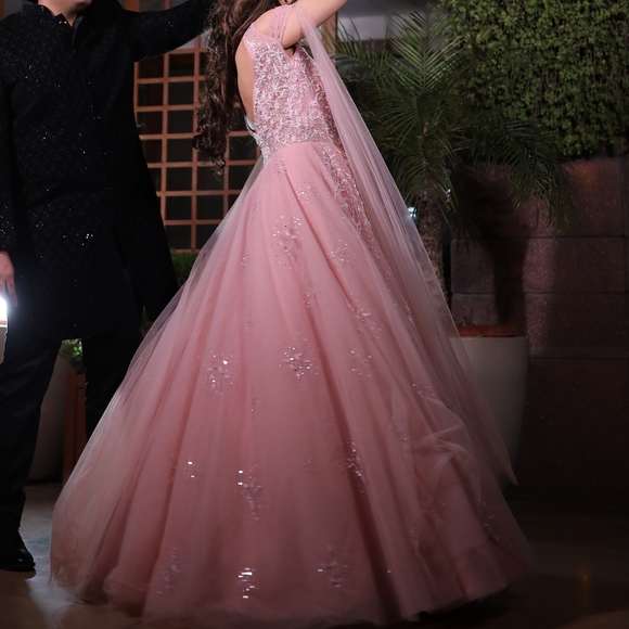 Shankuntlam Beautiful Pink Heavy Wedding Ball Gown with bell sleeves - Picture 5 of 6